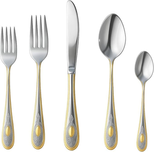 5 Piece Flatware Set - Service for 1-18/10 Stainless Steel Silverware - Vintage Design Handle with Gold Detailing - Dishwasher Safe - Durable Cutlery - First Apartment Essentials (Lucca)