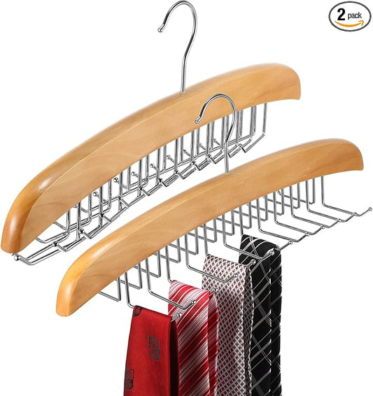 2 Pieces Tie Rack Tie Hanger 24 Hooks Wooden Tie Rack Hanger for Closet 360 Degree Rotating Belt Holder Tie Organizer for Men Women Bras Tank Tops Camisoles(Natural Wood Color)