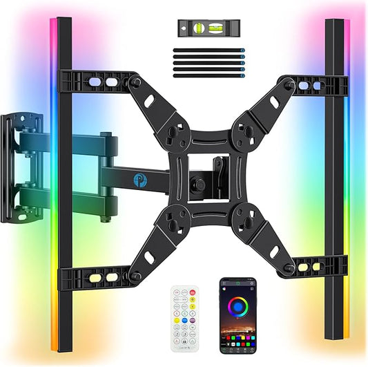 Pipishell Full Motion TV Wall Mount with LED Light for Echo Show 21/15 and 13″–42″ TVs up to 44 lbs, Max VESA 200 x 200mm, Backlit TV Mount with Music Sync, Rotation Swivel Extension Tilt, PISF06B