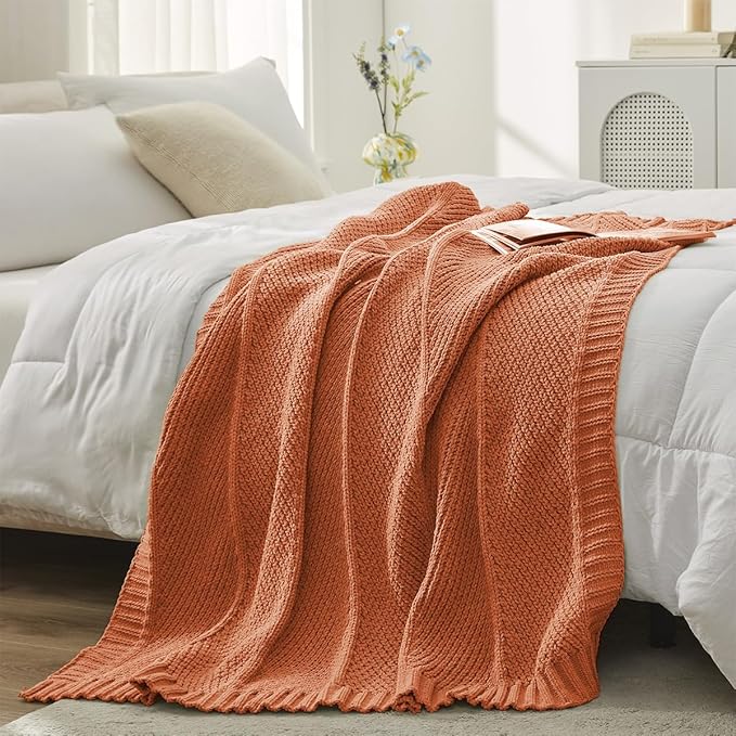 Chenille Knit Throw Blanket 50x60 - Burnt Orange Cozy Blanket for Couch & Sofa