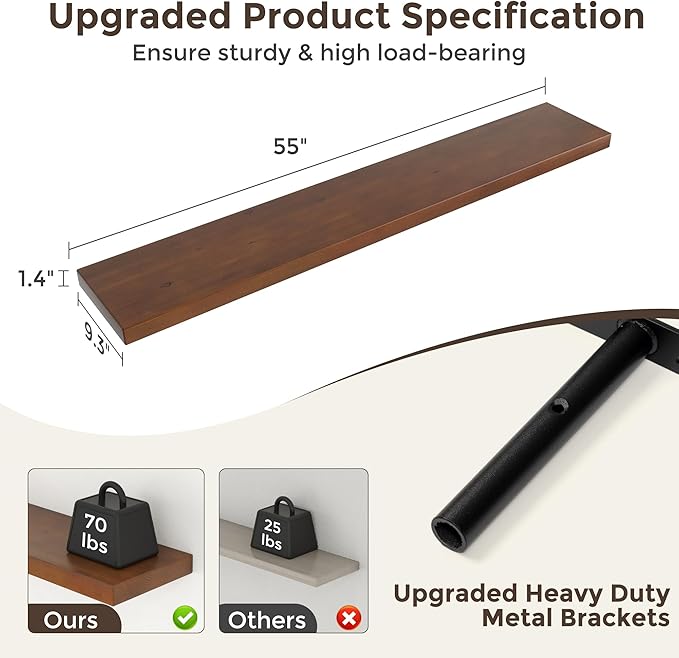 Floating Shelves for Wall, 55"Wx9.3"D USA-Sourced Douglas-Fir Solid Wood Rustic Wall Shelves with Heavy Duty Invisible Bracket, Nursery Book Storage Display Shelf for Bathroom, Set of 1, Walunt Finish