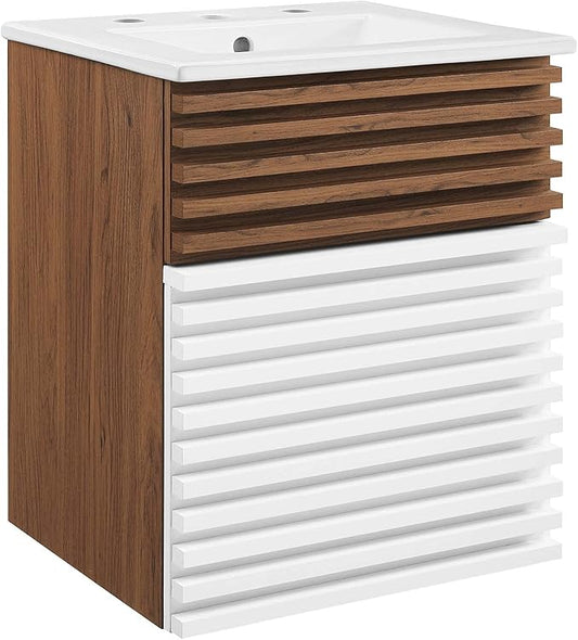 Modway Render 18" Wall-Mount Bathroom Vanity in White Walnut White