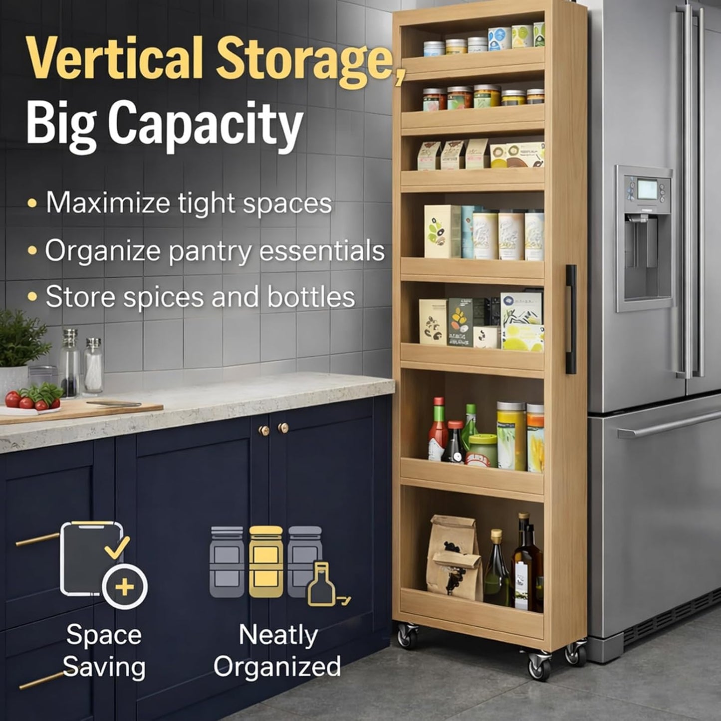 7 Tier Slim Rolling Storage Cart with Wheels, Narrow Storage Cabinet for Small Spaces, Mobile Spice Rack Organizer for Kitchen, Pantry, Baking Room, Dining Room(Wood,7.9"x19.7"x72.4")