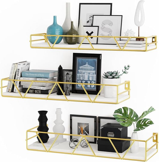 Floating Shelves Set of 3, Home Wood Wall Shelf, Farmhouse Shelf for Bedroom, Wall Mounted Floating Shelf for Living Room, Bedroom, Bathroom, Kitchen, Office (Gold)
