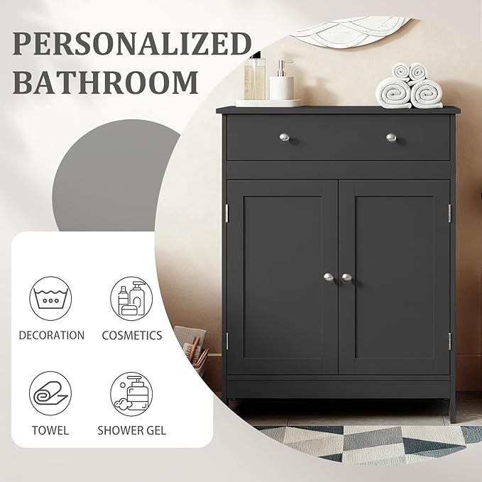 Karl home Black Floor Storage Cabinet, Freestanding Storage Unit with 2 Doors, Thin Toilet Organizer for Small Spaces，for Entryway, Bathroom