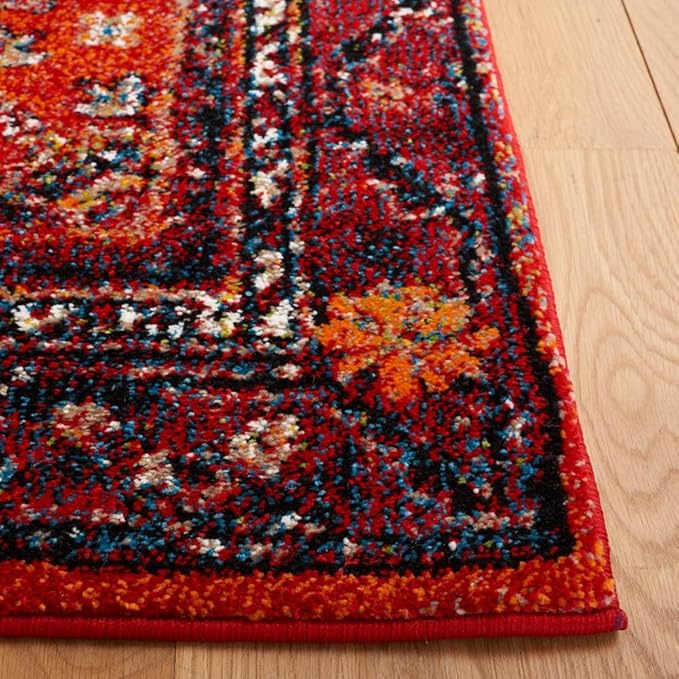 SAFAVIEH Vintage Hamadan Collection Area Rug - 6'7" x 9', Red & Black, Transitional Design, Stain Resistant, Ideal for High Traffic Areas in Living Room, Bedroom & Dining Room (VTH204Q-6)