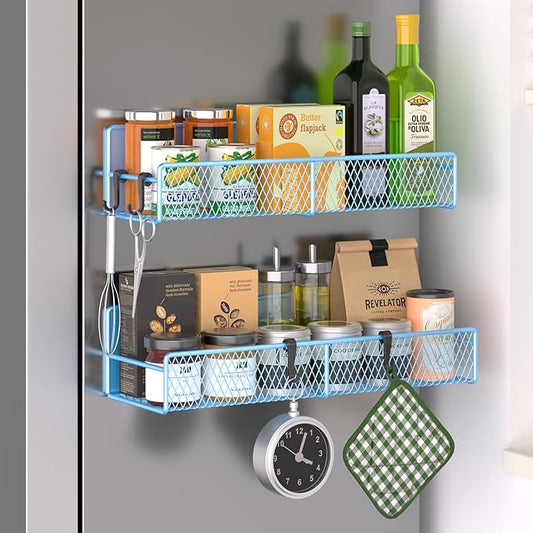 Magnetic Spice Rack for Refrigerator, 2 Pack 100% Metal Strong Magnet Shelf, Space Saving Spice Organizer W/ Hooks, Movable Magnetic Fridge Shelf, Kitchen Home Laundry Room Storage Organization, Blue