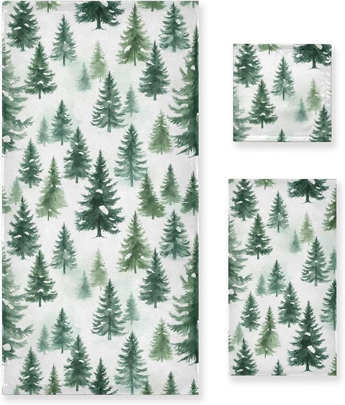 Christmas Winter Towels Set of 3 Woodland Rustic Forest Pine Trees Bathroom Towel Soft Absorbent Bath Hand Towels Washcloth Guest Towel Sets Xmas Holiday Decor