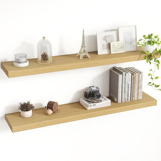 40 Inch Floating Shelves, 8 Inch Deep Floating Shelves for Wall, Hanging Shelf with Invisible Brackets, Deep Shelves for Bathroom, Bedroom, Living Room, Oak, Set of 2