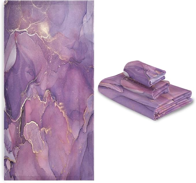 3 Piece Marble Bath Towels Set,Microfiber Absorbent Purple Gold Ombre Marble Texture Elegant Towels for Bathroom,1 Bath Towel,1 Hand Towel,1 Washcloth,Abstract Decorative Bathroom Towels