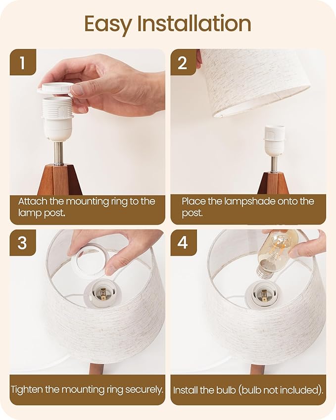 Wood Tripod Table Lamp — Warm Ambient Glow, Beige Fabric Shade