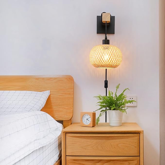 Farmhouse Plug in Wall Sconces Light Fixture for Bedroom, Living Room, Bamboo Rattan Lantern Lampshade Wood Beam Wall Mounting Hanging Lamp, Vintage Rustic Wall Decor(Without Bulbs)