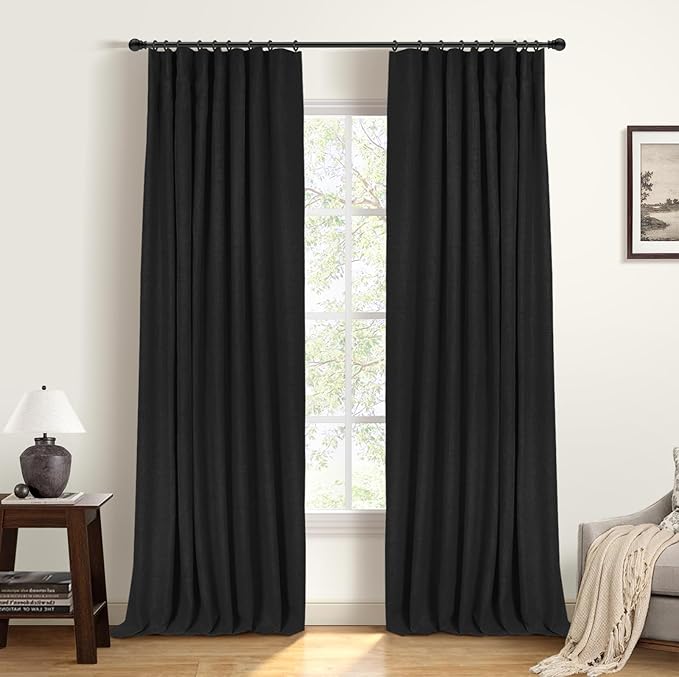 INOVADAY 100% Blackout Curtains for Bedroom, Black Out Curtains 80 Inch Long, Clip Rings Linen Blackout Drapes, Thermal Insulated Room Darkening for Living Room, 2 Panels - Black, W50xL80