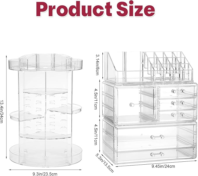 Acrylic Makeup Organizer Set, 360 Rotating Makeup Organizer, Clear Drawer Vanity & Countertop Cosmetic Storage for Brushes, Jewelry, for Vanity, Bathroom, Bedroom, Closet