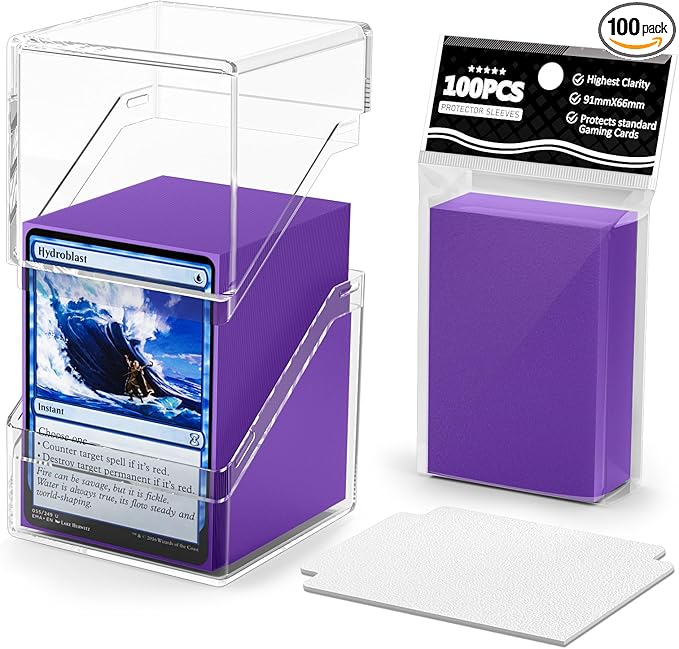 Card Deck Case, Deck Box with 100 Pack Card Sleeves and Divider, Standard Clear Commander Cards Storage Box Perfect Fit for MTG, Sport, Trading Cards (Purple)