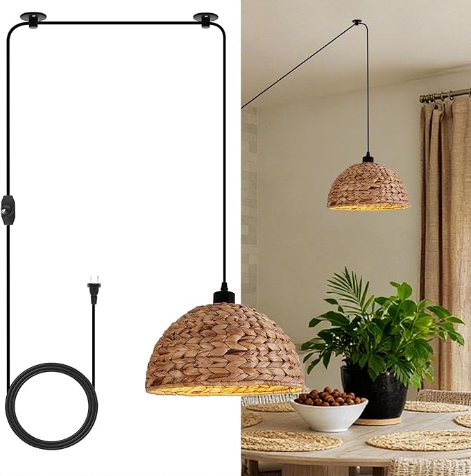HuisMier Rattan Plug in Pendant Light with 15 Ft Plug in Cord, Hand Woven Lampshade Boho Hanging Lamp with Dimmable Switch, Farmhouse Rattan Pendant Light for Dining Room Bedroom Kitchen