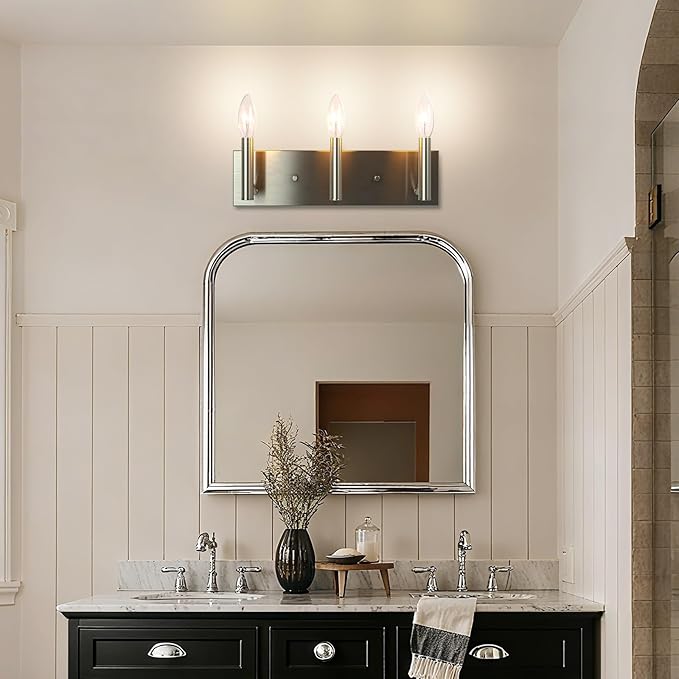 Kalium Bathroom Light Vanity Fixtures Over Mirror, 3-Lights Modern Brushed Nickel Wall Sconces, Minimalist Wall Lights for Livingroom Bedroom Entryway Hallway Staircase, E12 Base(Bulbs Not Included)