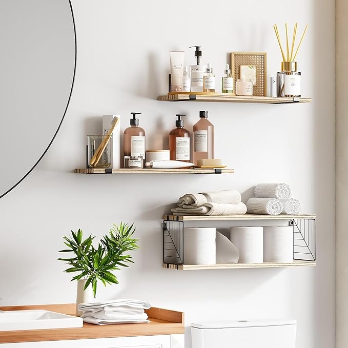 Fixwal Bathroom Floating Shelves Over Toilet, 15.8in Farmhouse Rustic Wood Shelves, Wall Decor for Bathroom, Living Room,Bedroom and Kitchen (3 Plus 1 Tier Rustic Brown)
