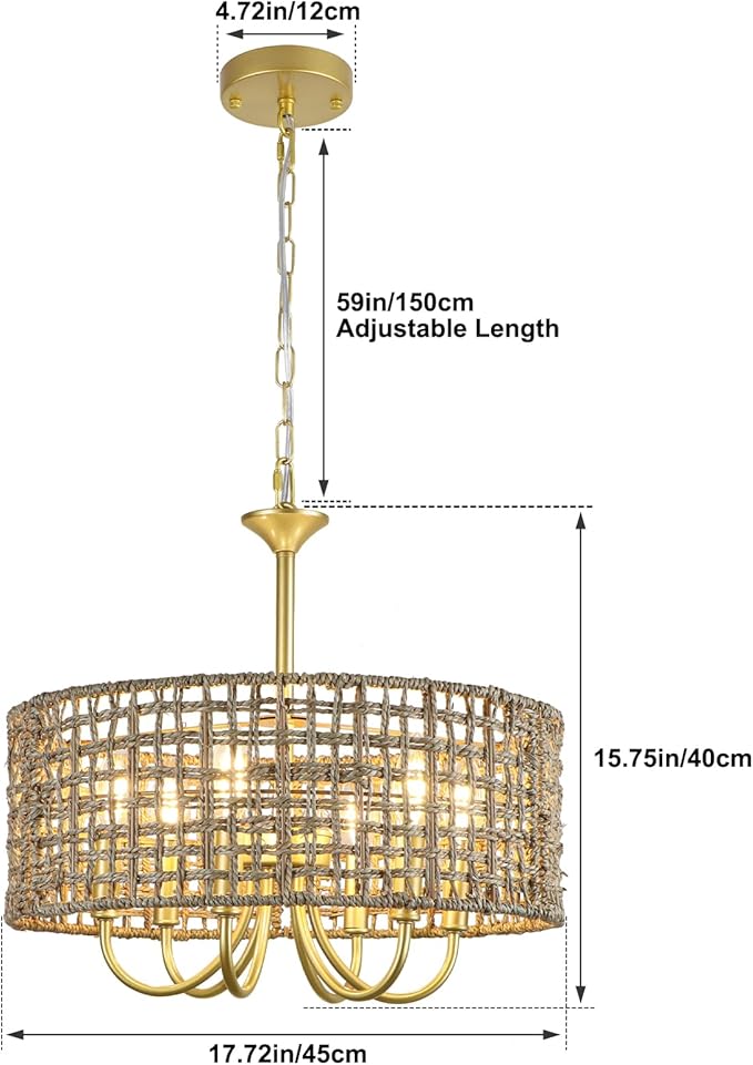 Boho Hand Woven Rattan Chandelier 6 Lights Farmhouse Golden Chandelier, 17.7'' Coastal Drum Wicker Chandeliers for Dining Room Kitchen Living Room Entryway Bedroom