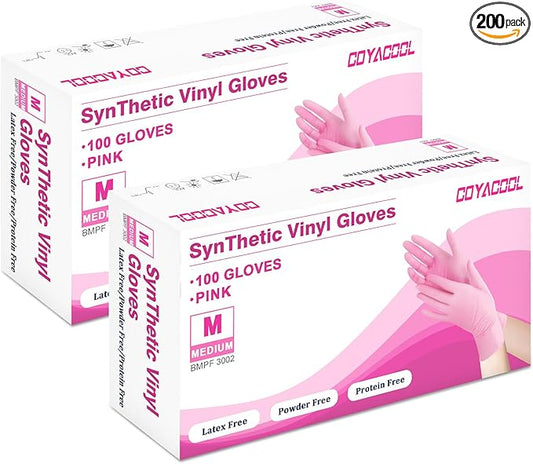 Disposable Gloves Medium, Nitrile and Vinyl Blend Material Gloves, Latex Free, 4 Mil 200 Pc Food Grade Glove for Cleaning, Food Prep, Hair Dye, Tattoo, Pink