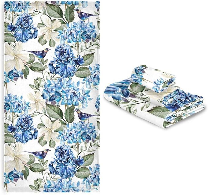 Blue White Floral Bath Towels Set,Absorbent Soft 3 Piece Spring Birds Hydrangea Hibiscus Flower Towels for Bathroom,1 Bath Towel 1 Hand Towel 1 Washcloth,Quick Dry Decoractive Bathroom Towels