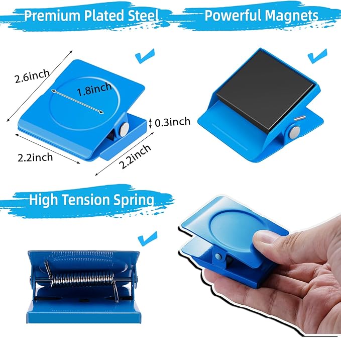 Grtard Strong Magnetic Clips, 2.2 Inch Extra Large Magnetic Clips Heavy Duty, 2Pack Magnet Clip for Fridge, Clip Magnets for Refrigerator, Whiteboard, Classroom, Kitchen, Office Organizer (Blue)