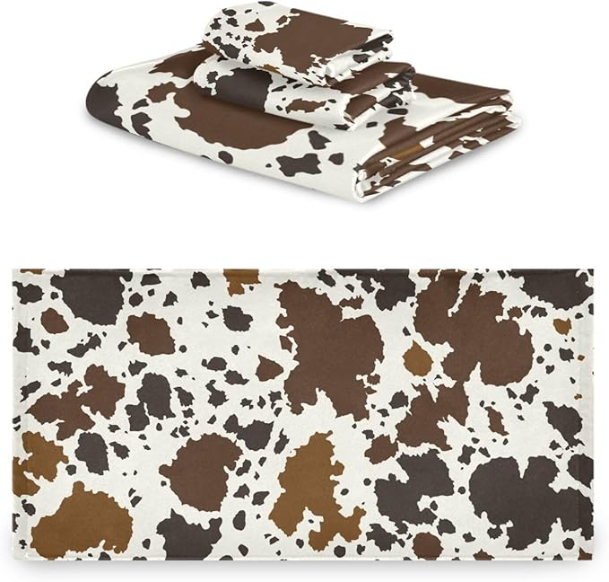 3 Piece Rutic Cowhide Pattern Bath Towel Set,Microfiber Decorative Western Animal Skin Cow Print Farmhouse Bathroom Towels,1 Bath Towel 1 Hand Towel for Bathroom Kitchen,1 Washcloth for Face