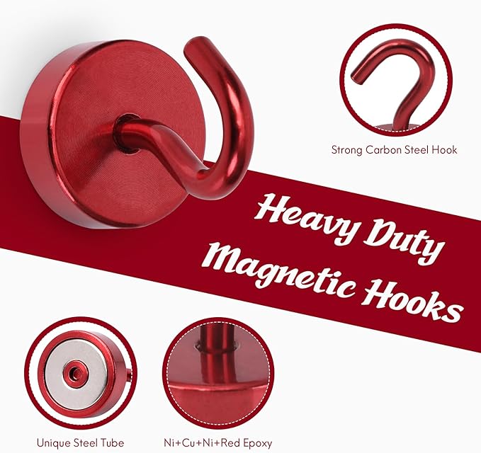 Neosmuk Magnetic Hooks, Cruise Ship Essentials, 40lb+ Heavy Duty Magnetic Hooks for Cruise Cabins, Refrigerator, Grill, Hanging, and Travel | Extra Strong Must-Haves Magnet Hook,Red