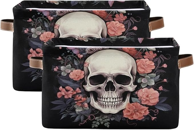 Halloween Basket Black Rose Skull Baskets with Handles Collapsible Organizer Box Shelf Storage Baskets for Holiday Home Decor 2PCS