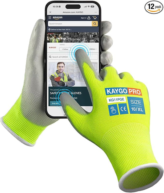 Work Gloves PU Coated for Men and Women, 12 Pairs Safety Work Gloves with Two Fingers Touchscreen, Breathable and Lightweight,Ideal for Light Warehouse, Manufacturing, Gardening, KG11P (XL,Green)