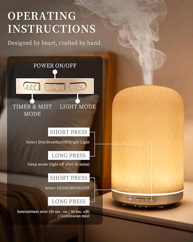 Essential Oil Diffuser -2.4MHz Ultrasonic Pink Ceramic Diffuser for Home,120ml, Pulse&Continuous Mist, Bright/Dim/Breathing Lighting, Waterless Auto-Off, Aromatherapy Diffuser with USB Cable