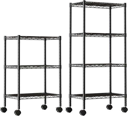 DUMOS 2 Pack 3Tier 4Tier Metal Shelving, Heavy Duty Shelves Wire Shelving Unit with Removable Wheel Casters, Shelves Organizer for Bathroom Garage Living Room Kitchen Pantry Laundry