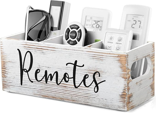 DRASTAR Remote Control Holder, Wood TV Remote Holder, Remote Storage Caddy, Remote Control Organizer (Retro White, 3 Slots)