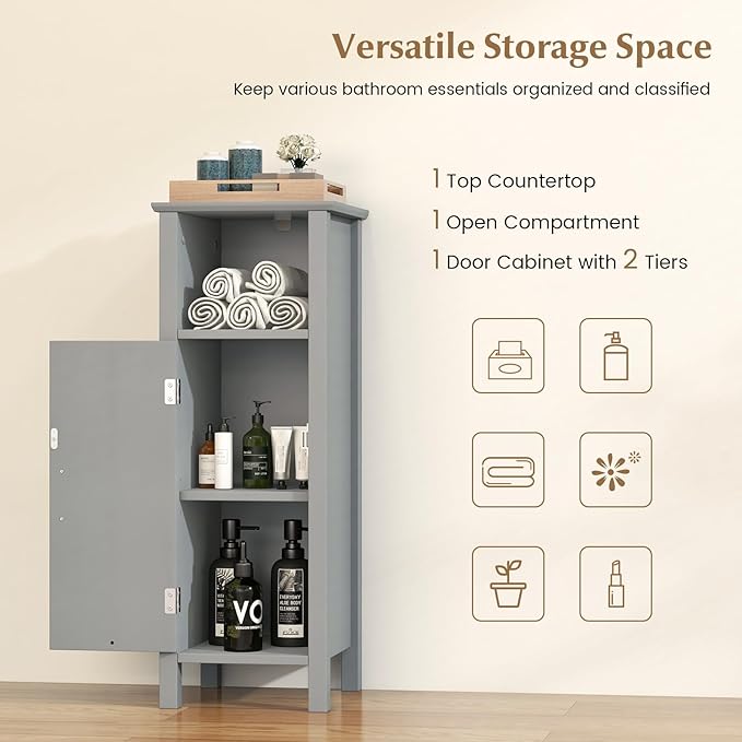 HAPPYGRILL Bathroom Floor Cabinet, Narrow Organizer Console Table Nightstand w/Adjustable Inner Shelves, Freestanding Storage Cabinet for Living Room Kitchen Entryway (Grey)