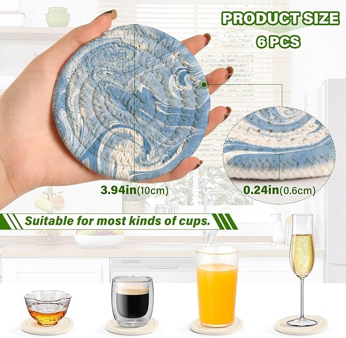 Marble Colorful Drink Coasters, Handmade Cotton Absorbent Coaster Set of 6, Minimalist Home Decor for Coffee Table, Kitchen, Housewarming and Wedding Registry Ideas