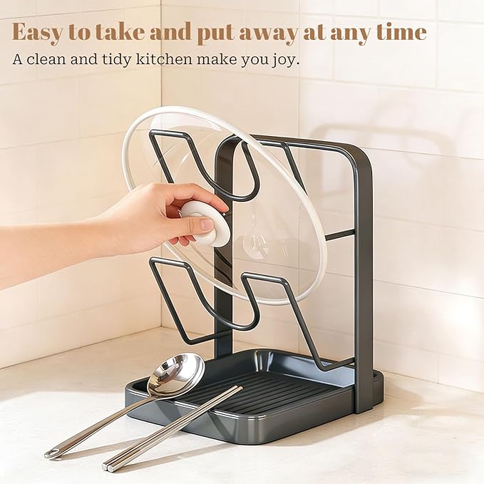 304 Stainless Steel Kitchen Pot Lid Storage Rack, Pot Lid Holder while Cooking, Pot Lid Organizer with Removable Tray & Spoon Rest,Waterproof & Rustproof (Grey, 2 Layer)