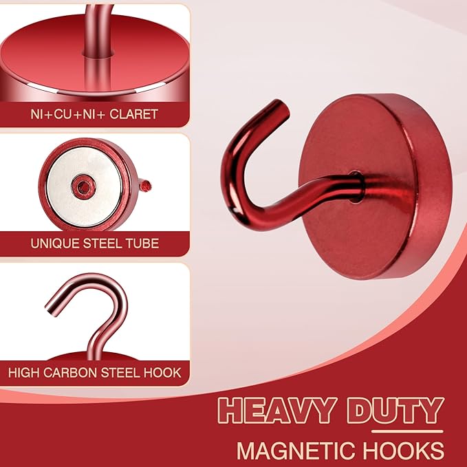 Neosmuk Magnetic Hooks, Cruise Ship Essentials, 8lb+ Heavy Duty Magnetic Hooks for Cruise Cabins, Refrigerator, Grill, Hanging, and Travel | Extra Strong Must-Haves Magnet Hook,Red