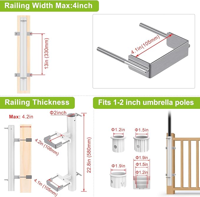 Dolibest Heavy Duty Patio Umbrella Holder, Steel Deck Clamp Holder up to 2'' Poles, Deck Mount Umbrella Holder, Space Saving Design, Attaches to Railing Max Width 4 inch, Easy Installation- White