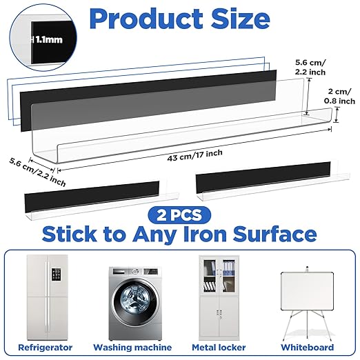 2 Pack Clear Magnetic Book Shelf for Whiteboard – Reusable Acrylic Display Shelf with Strong Magnets, Holds 8.8lbs, No Drilling Needed for Learning Places, Office, Fridge (17” x 2.2” x 2.2”)