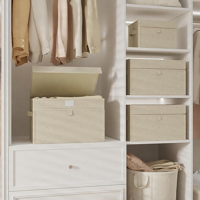 Fabric Storage Boxes, Closet Organizer with Handles, Basket Bins with Flip Cover, Cube Organization for Clothes, Shoes, Blankets, 13x9.1x7.9in, Grey and Beige, 4 Pack