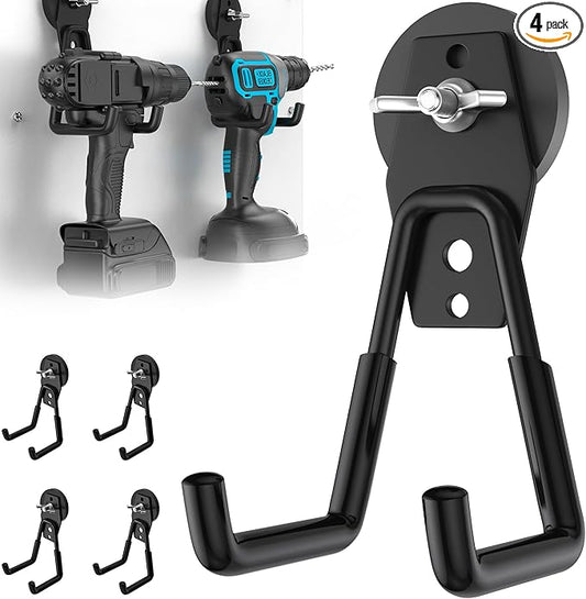 4 Pack Large Strong Magnetic Hooks Heavy Duty Garage Big Magnet Hooks Extra Strength Magnetic Utility Storage Hook Hanger with Anti Slip Coating for Garden Indoor Outdoor Hanging Tools Black