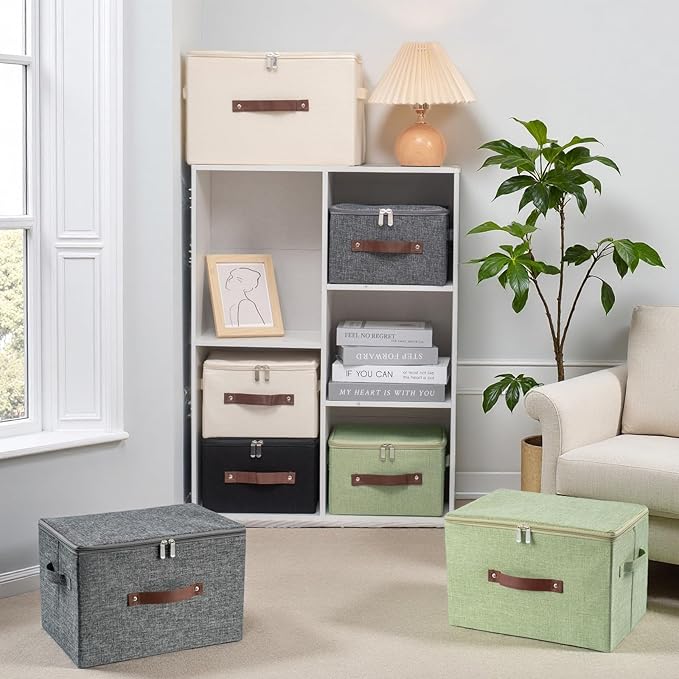 3 Pack Storage Bins with Zipper Lid Fabric Lidded Storage Boxes Baskets Cubes Washable Collapsible PU Leather Handle Cotton Linen Fabric Shelf Closet Organizer Container(Black, Small Size)