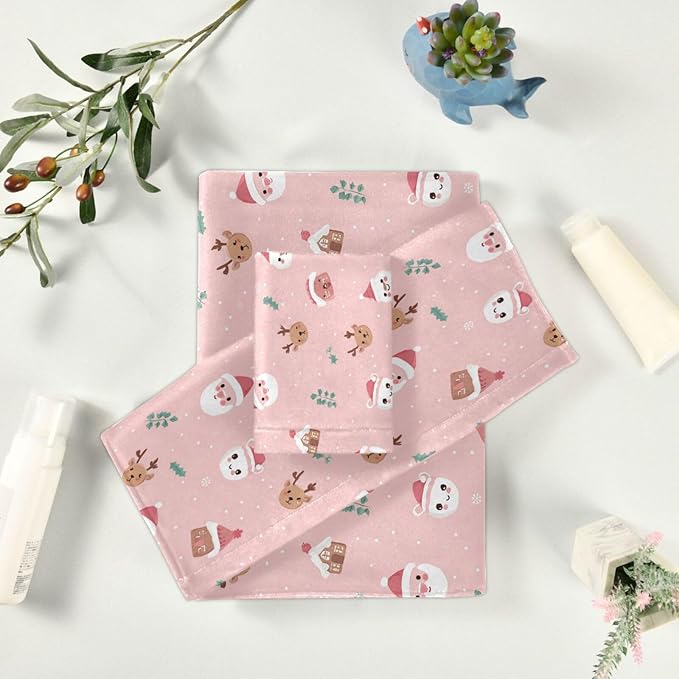 Christmas Winter Towels Set of 3 Christmas Symbol with Pink Bathroom Towel Soft Absorbent Bath Hand Towels Washcloth Guest Towel Sets Xmas Holiday Decor
