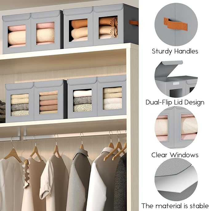 Large Closet Storage Bins - Collapsible Divided Clothes Organizer with Lids & Dual Window, Fabric Organizing Bins for Clothes, Sweater, Bedroom, Office (Grey, 3 Pack)