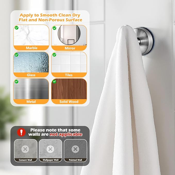 YOHOM Suction Cup Hooks for Shower Wall Bathrooms Towels Hook for Glass Door Heavy Duty Stainless Steel No Drill for Glass Doors, Window, Tile, Mirrors, Holds Up to 5lbs (Silver, 4 pcs)