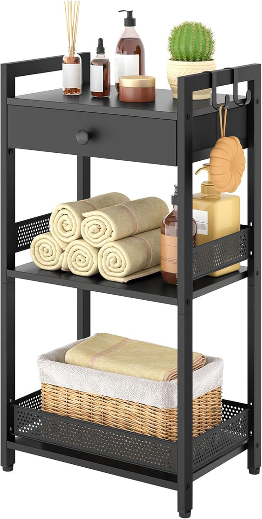 FAVOOSTY Bathroom Ladder Shelf, 3-Tier Bathroom Floor Storage Shelf with Drawer, Freestanding Towel Shelf, Bookcase End Table Open Shelving Unit for Living Room,Balcony, Black