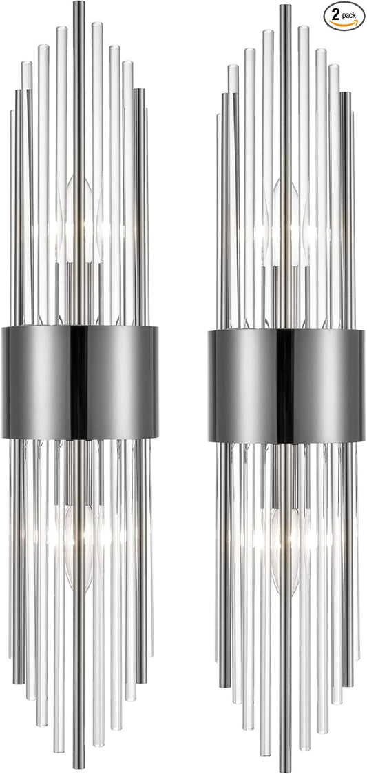 2-Light Modern Wall Sconce Titanium Black Metal with Clear Class Crystal Vanity Wall Sconce Lighting for Bedroom Living Room Bathroom Light Fixtures Set of 2