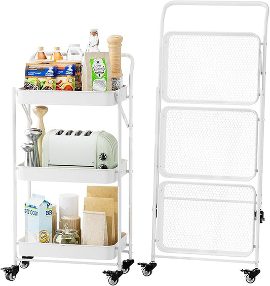 JAQ Foldable Rolling Cart, 3-Tier No Assembly Metal Utility Cart with Handle, Heavy Duty Folding Storage Trolley Organizer on Wheels for Kitchen, Office, Craft Art, Baby Diaper, Snacks, Books, White