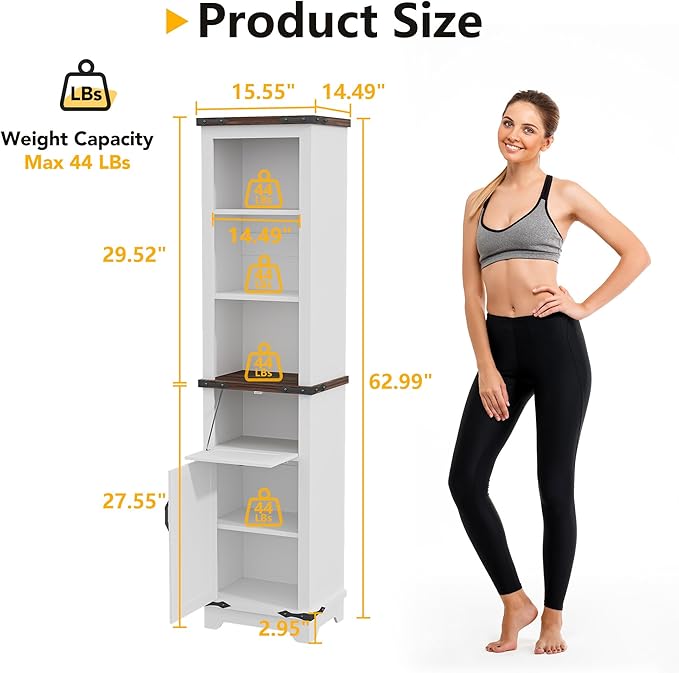 63 Inch Tall Corner Cabinet, Modern Corner Storage Cabinet with Door & Adjustable Shelves & Drawers, Anti-Tipping Free Standing Linen Tower for Bedroom, Bathroom, Kitchen, Pantry (White)