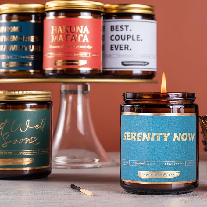 Seinfeld Gifts for Women - Serenity Now Lavender Vanilla Scented Soy Wax Candle | Seinfeld Merch Mothers Day Friendship Relaxation Gifts for Women | Birthday Present Idea for Friends for Home Decor
